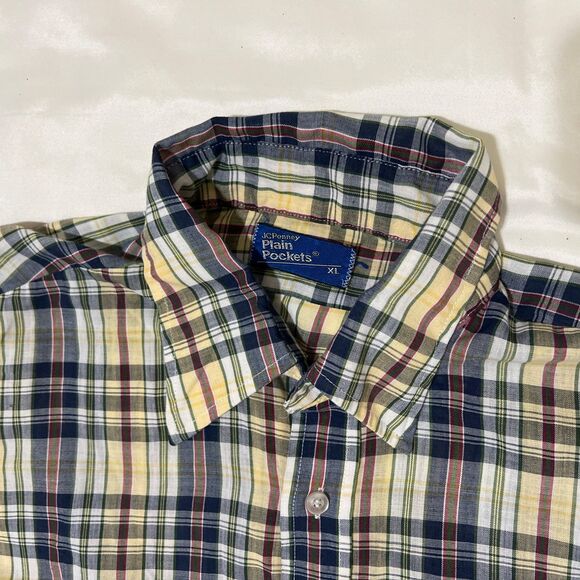 VTG JC Penny Plain Pockets Button Up Short Sleeve Shirt Plaid Men XL Blue Yellow - Picture 7 of 11